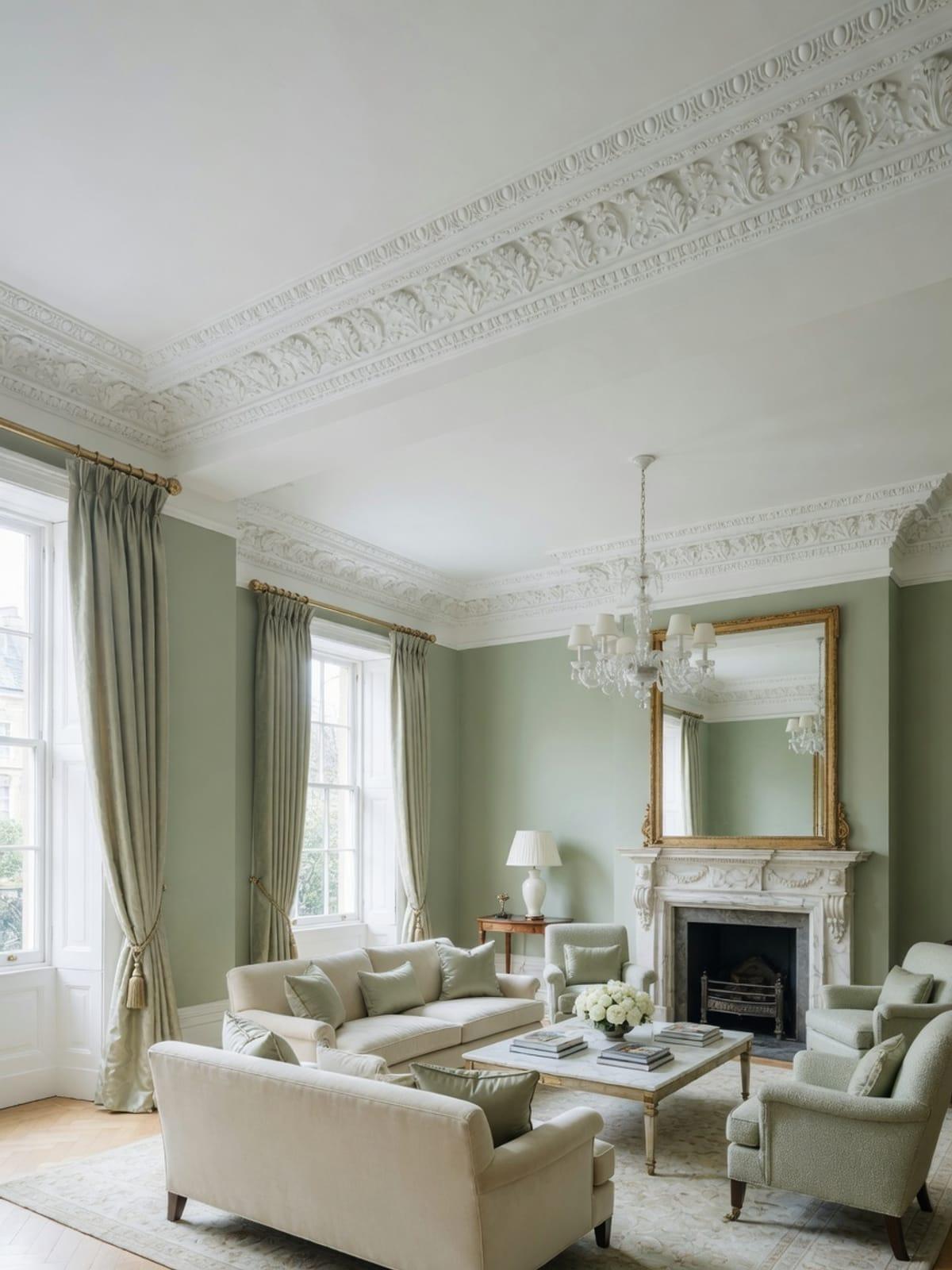 The Hampstead Standard: large period living room with elaborately painted decorative covings, high ceilings, and a refined sage and cream finish