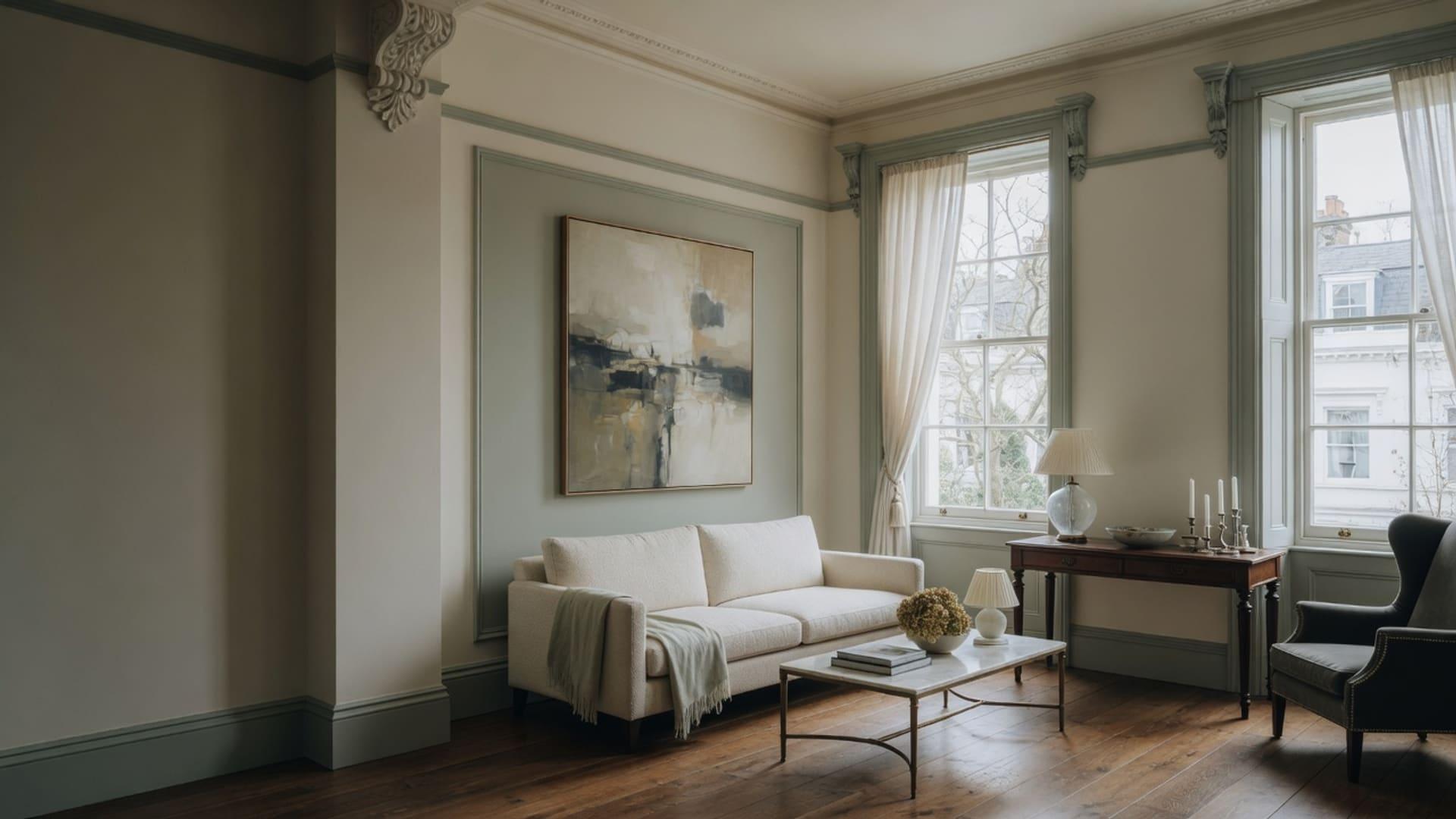Period living room with sage panelled walls and tall sash windows, decorated by Hampstead Painting Company