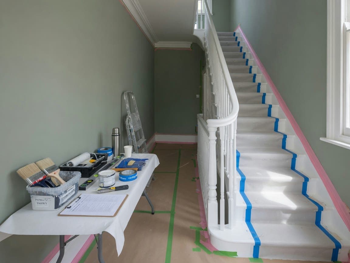 Protected staircase and ordered tools on a professional painting site in a Hampstead period home