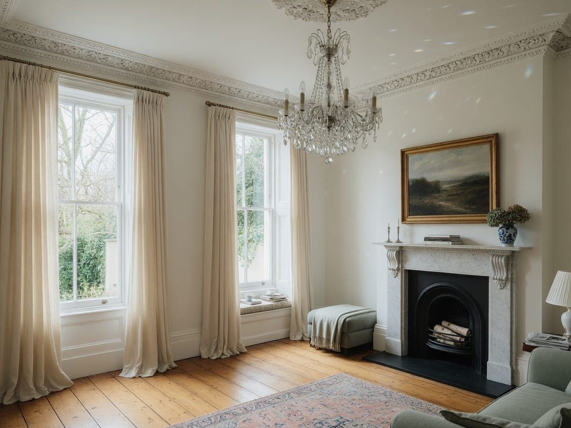 Finished Hampstead period reception room with pristine painted cornicing and marble fireplace