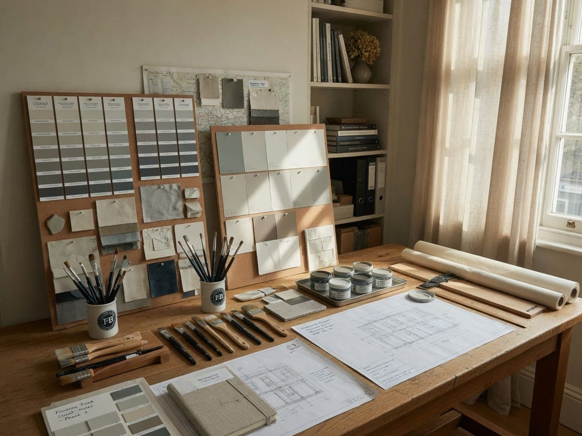 Hampstead Painting Company colour studio with paint samples, brushes and project drawings
